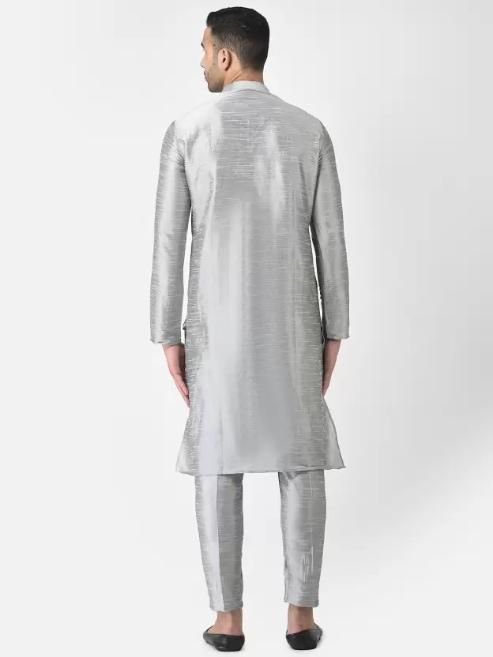 AHBABI Men's Solid Dupion Silk Kurta Pyjama Set Silver