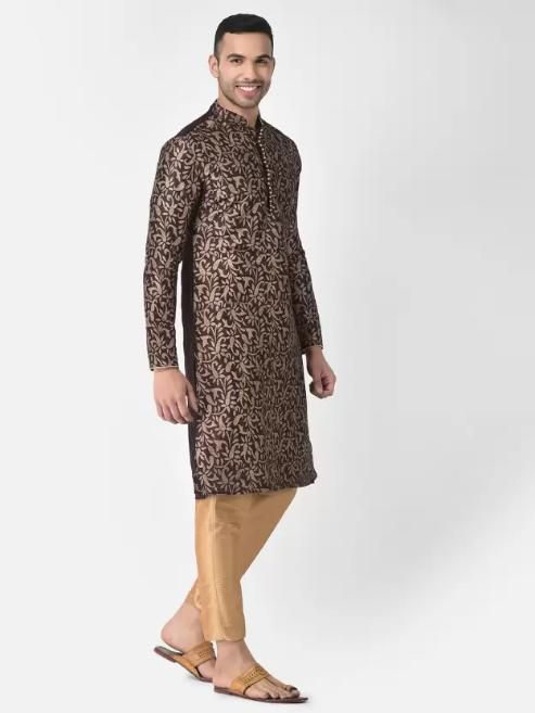 AHBABI Men's Printed Dupion Silk Kurta Pyjama Set Maroon-Golden