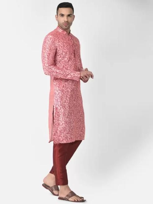 AHBABI Men's Printed Dupion Silk Kurta Pyjama Set Pink-Red